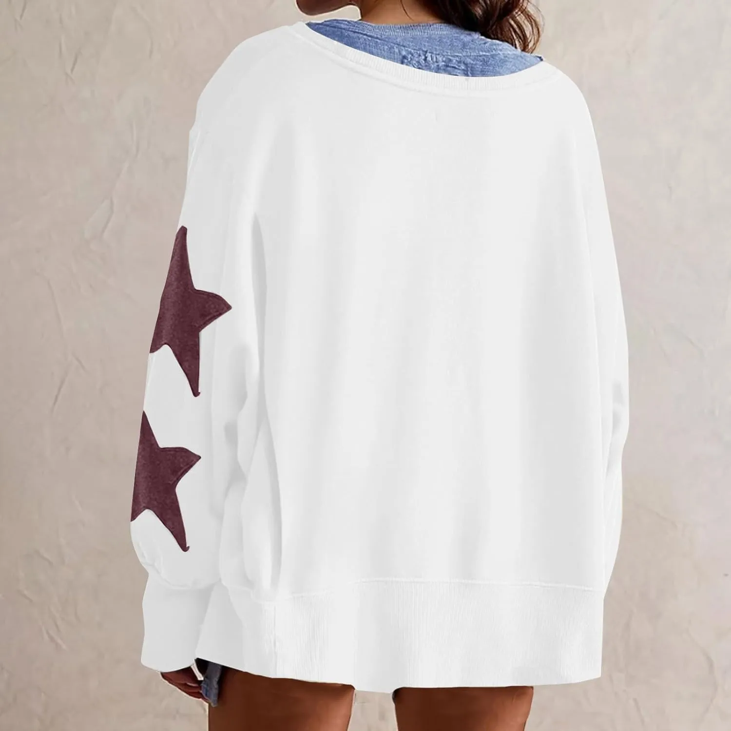 Women's Casual Loose Color Matching Round Neck Long Sleeved T-shirt ，Loose Top Long Sleeved Round Neck Star Tops
