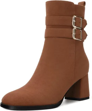Womens Chunky High Heel Boots - Zip Up, Square Toe, Ankle Booties,Simple Classic Mid Heel Shoes for Women2.5in
