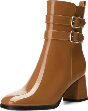 Womens Chunky High Heel Boots - Zip Up, Square Toe, Ankle Booties,Simple Classic Mid Heel Shoes for Women2.5in