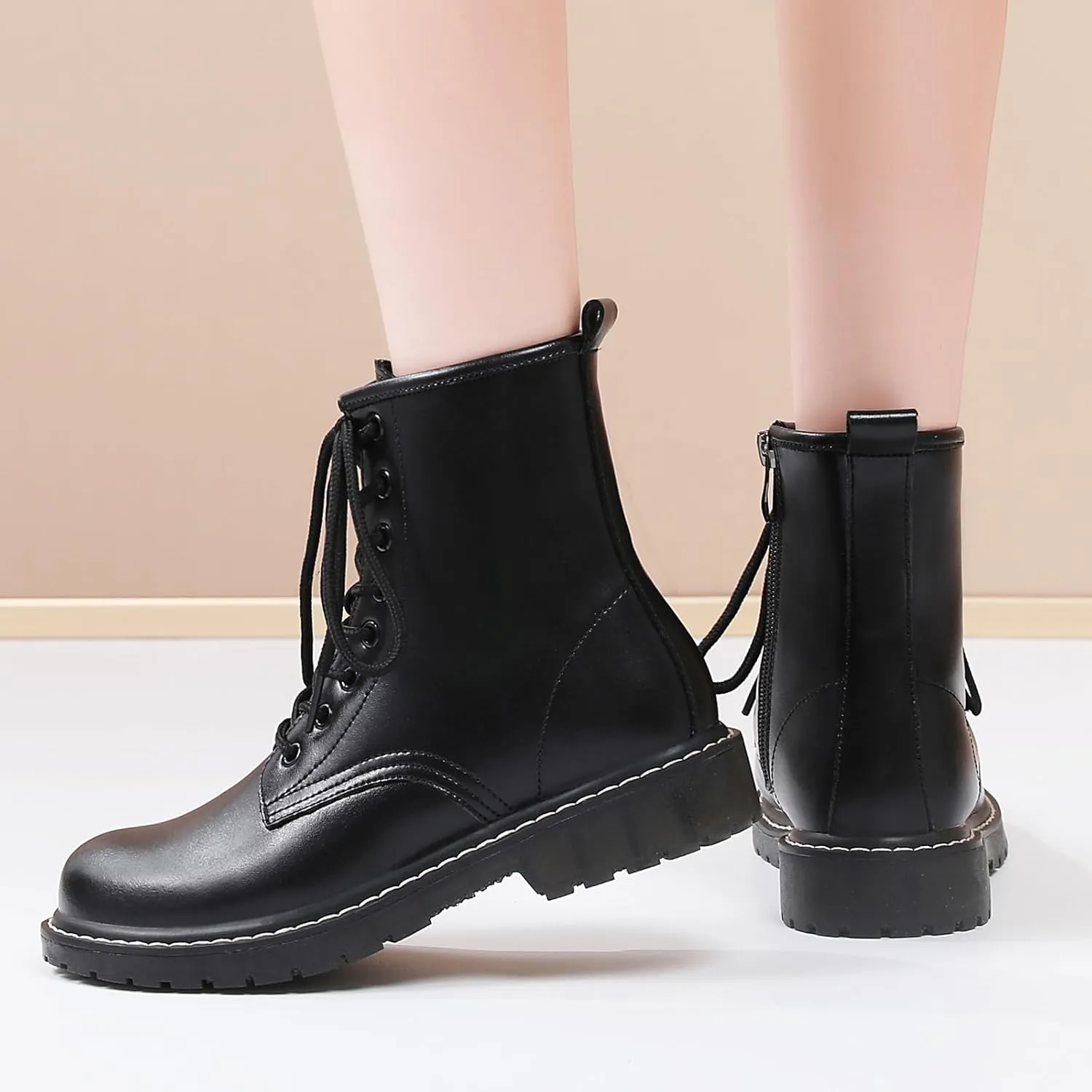 Women's Combat Boots Womens Motorcycle Boots Ankle Booties Low Heel Side Zipper Lace-up Fashion Casual Short Boots