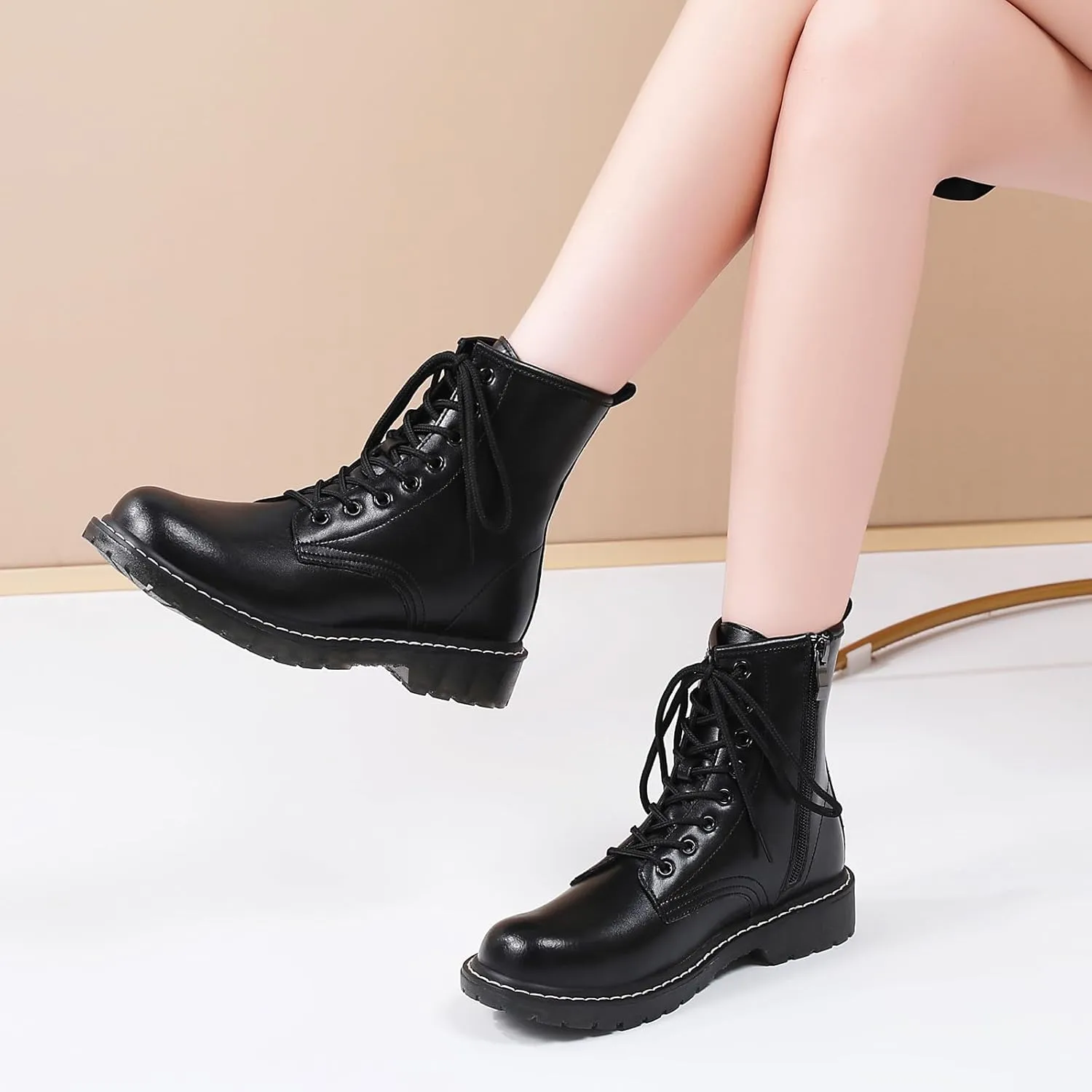 Women's Combat Boots Womens Motorcycle Boots Ankle Booties Low Heel Side Zipper Lace-up Fashion Casual Short Boots