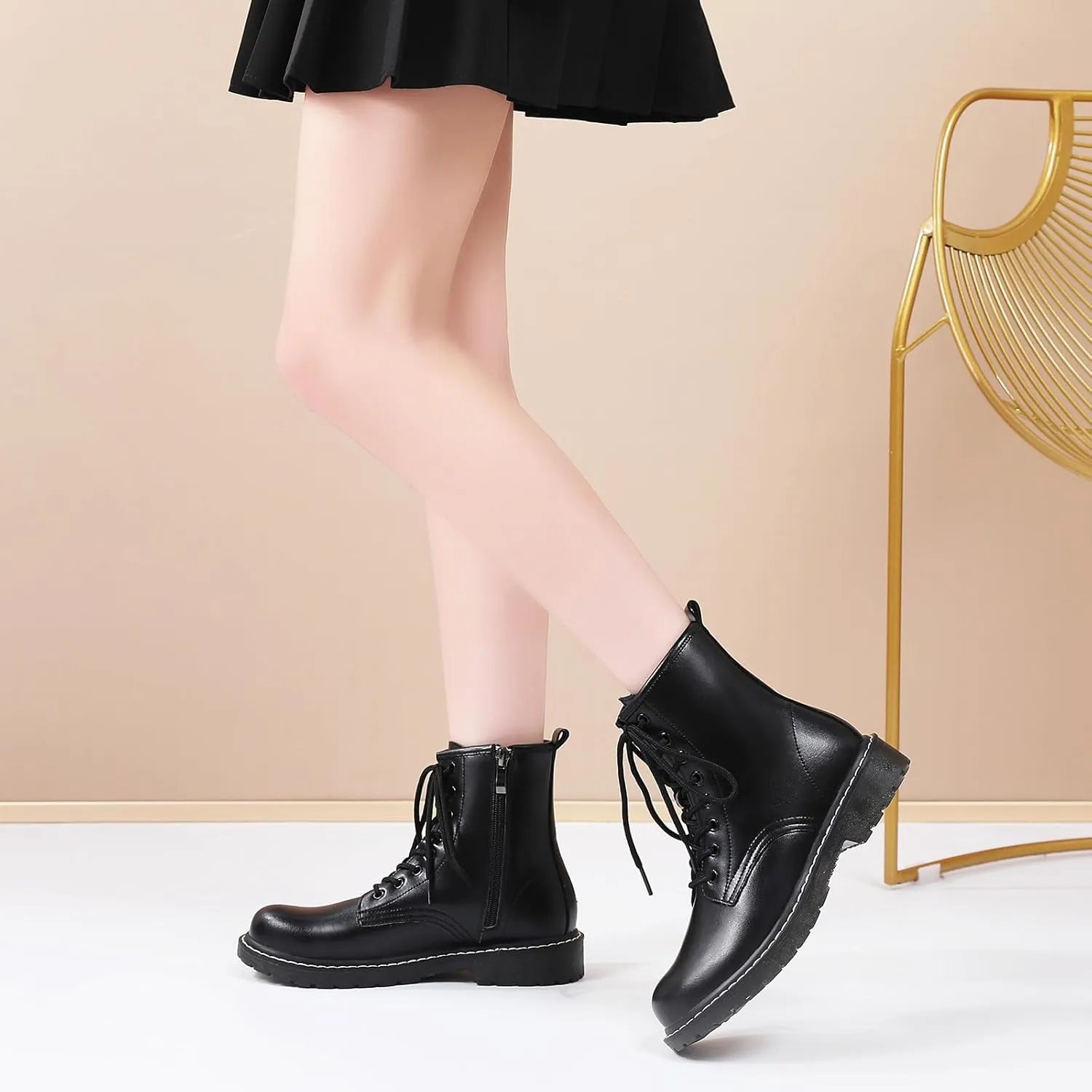 Women's Combat Boots Womens Motorcycle Boots Ankle Booties Low Heel Side Zipper Lace-up Fashion Casual Short Boots
