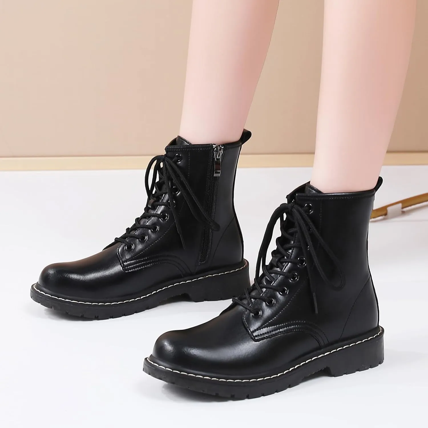Women's Combat Boots Womens Motorcycle Boots Ankle Booties Low Heel Side Zipper Lace-up Fashion Casual Short Boots