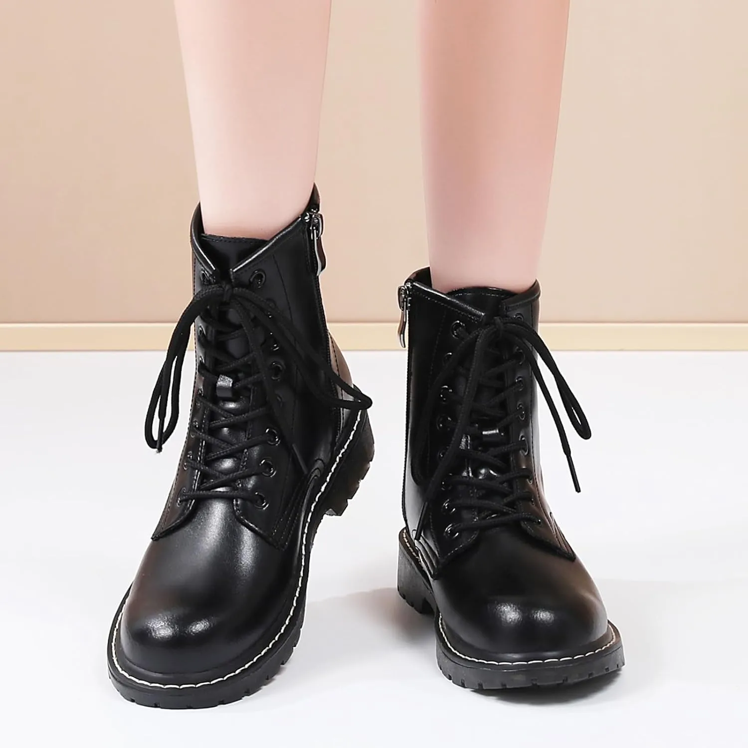 Women's Combat Boots Womens Motorcycle Boots Ankle Booties Low Heel Side Zipper Lace-up Fashion Casual Short Boots