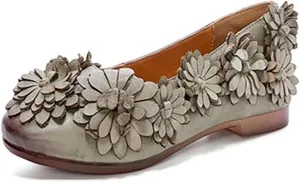 Women's Cowhide Leather 3D Flowers Flat Retro Loafers Vintage Round Head Comfortable Low Heel Non-Slip Casual Flats Boats for Mom Walking Work
