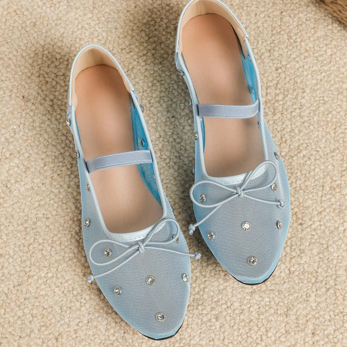 Women's Crystal Mesh Mary Jane Flats Round Toe Soft Sole Ballet Flat Shoes Anti Slip Rhinestones Loafers Comfortable Casual Dress Shoes