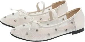 Women's Crystal Mesh Mary Jane Flats Round Toe Soft Sole Ballet Flat Shoes Anti Slip Rhinestones Loafers Comfortable Casual Dress Shoes