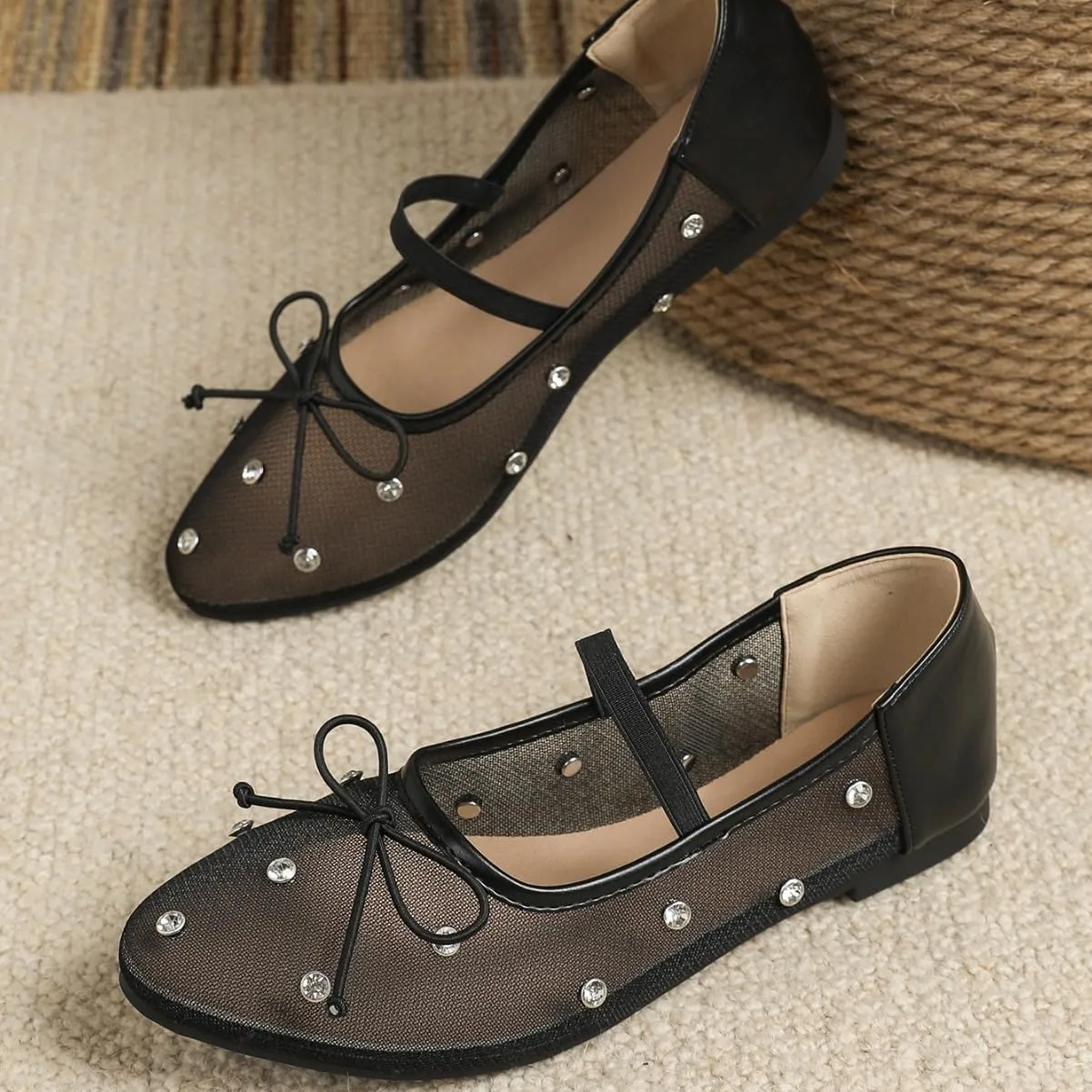 Women's Crystal Mesh Mary Jane Flats Round Toe Soft Sole Ballet Flat Shoes Anti Slip Rhinestones Loafers Comfortable Casual Dress Shoes