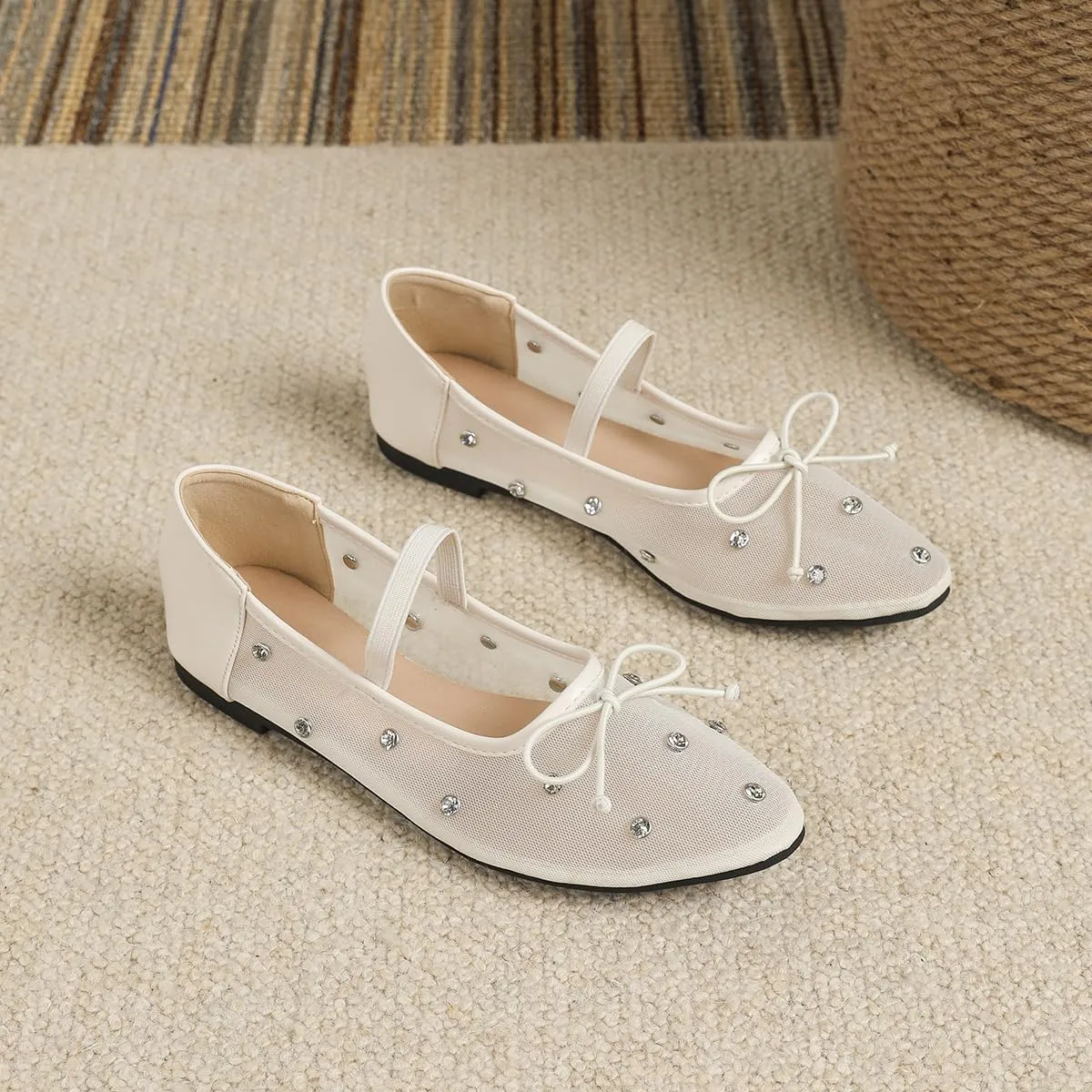 Women's Crystal Mesh Mary Jane Flats Round Toe Soft Sole Ballet Flat Shoes Anti Slip Rhinestones Loafers Comfortable Casual Dress Shoes