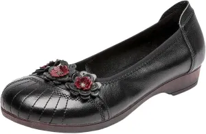Women's Cute Decorative Flower Soft Leather Flat Shoe Casual Softsole Non-Slip Walking Dress Loafers Slip Ons Mom Work Driving Moccasins