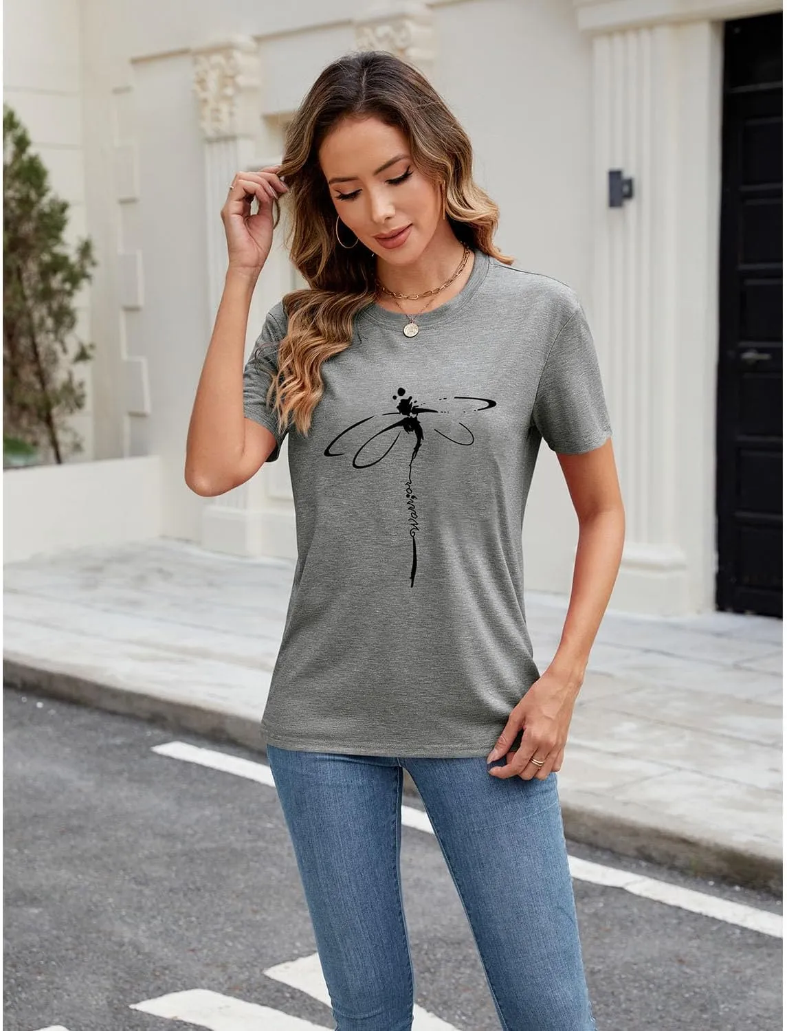 Women's Dragonfly Graphic Tees Trendy Casual Loose Summer Funny Cute Printed Short Sleeve Shirts Tops