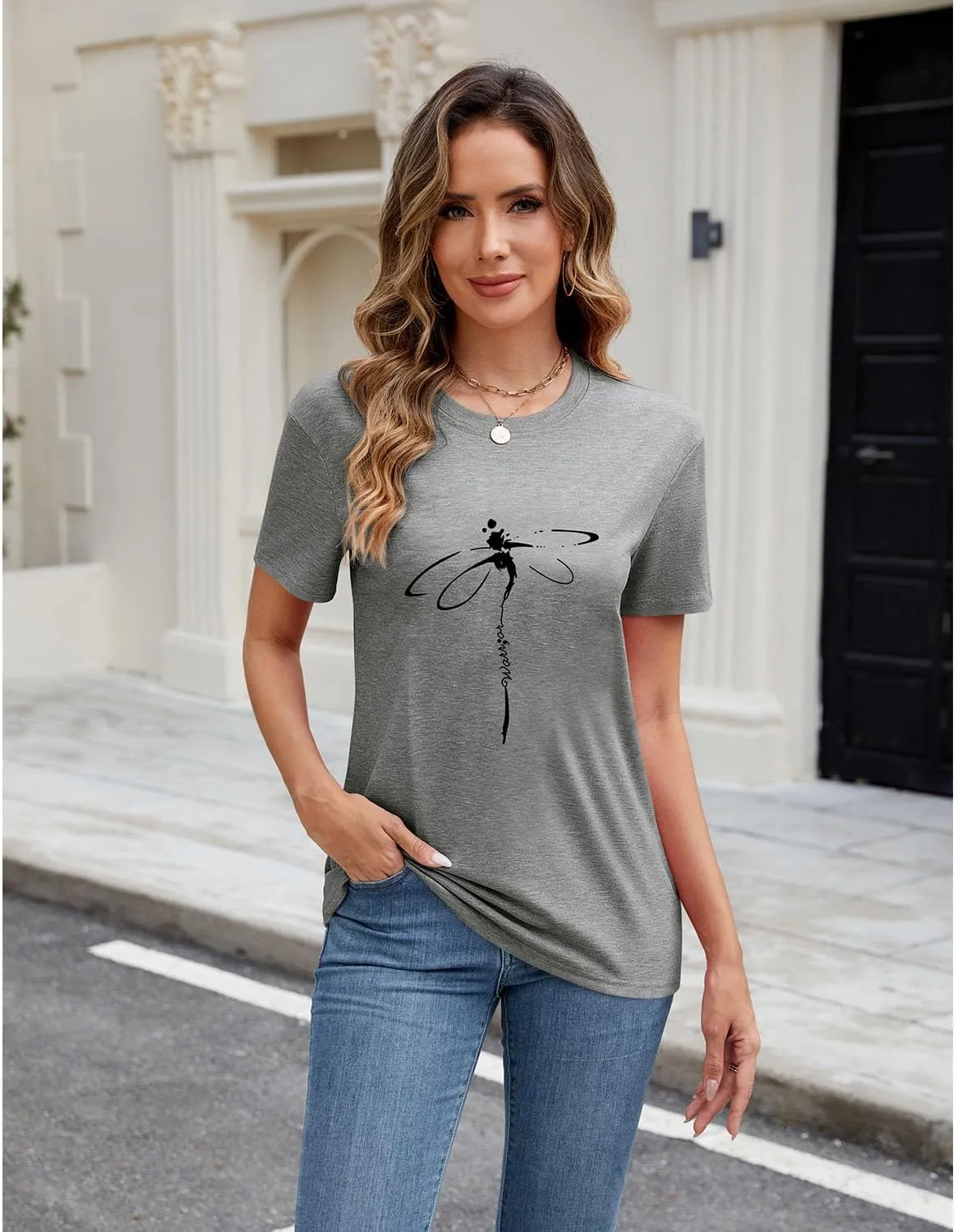 Women's Dragonfly Graphic Tees Trendy Casual Loose Summer Funny Cute Printed Short Sleeve Shirts Tops