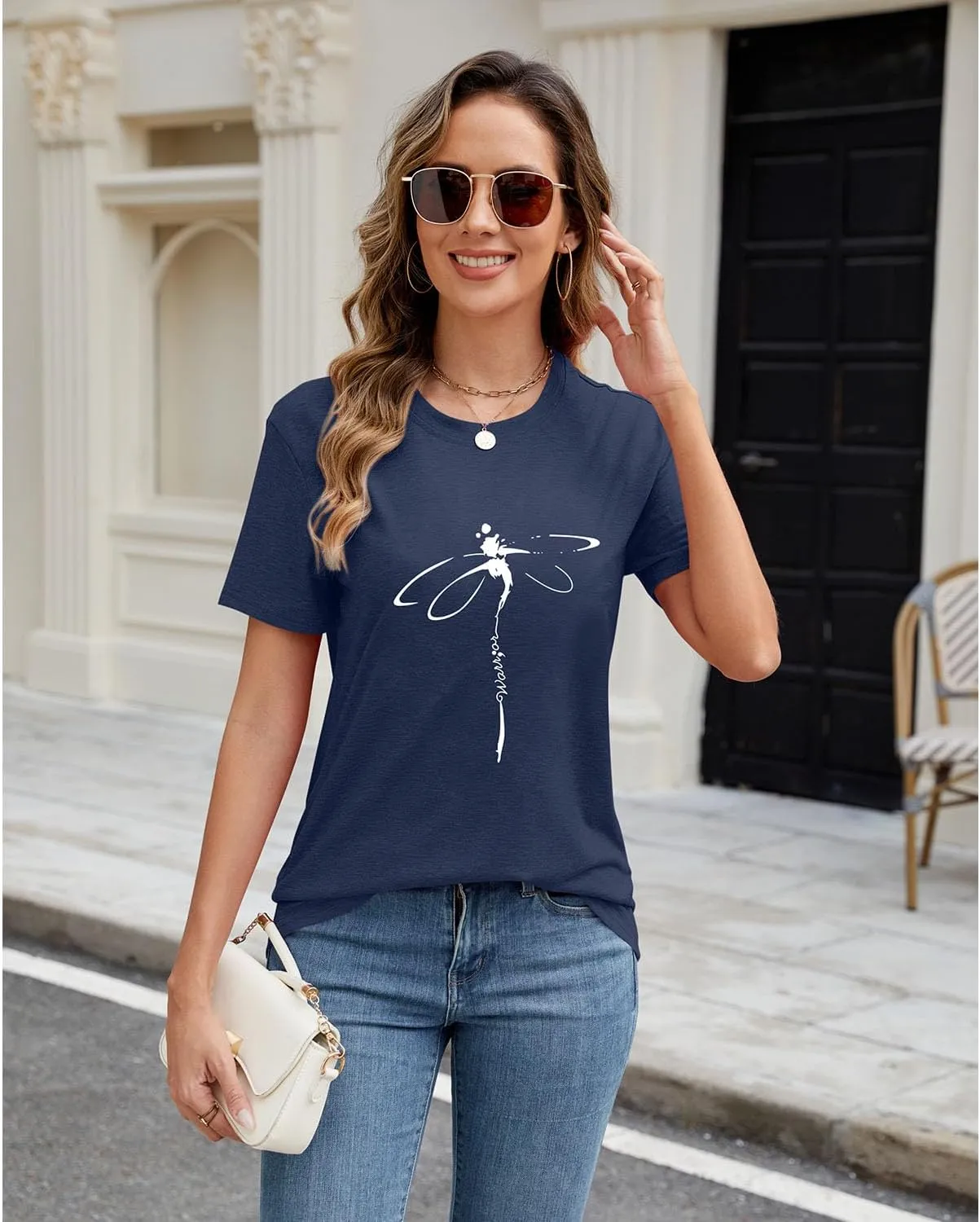 Women's Dragonfly Graphic Tees Trendy Casual Loose Summer Funny Cute Printed Short Sleeve Shirts Tops
