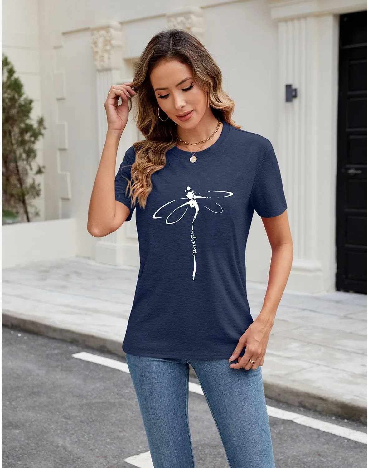 Women's Dragonfly Graphic Tees Trendy Casual Loose Summer Funny Cute Printed Short Sleeve Shirts Tops