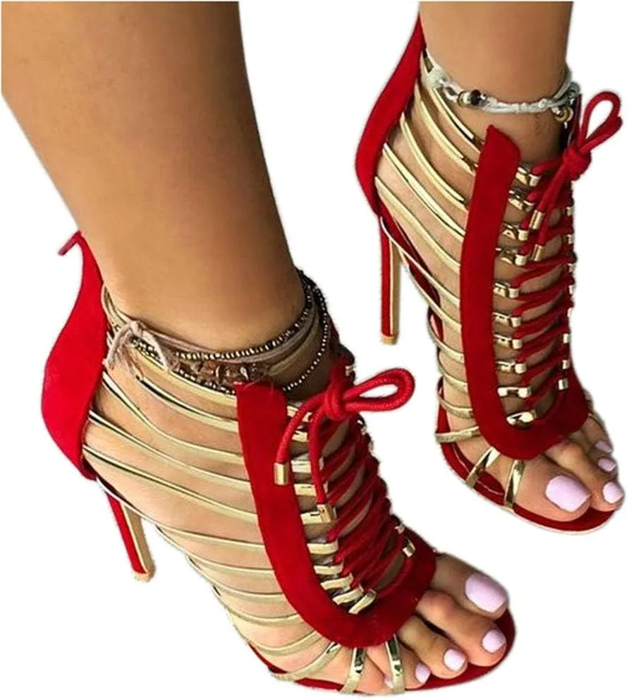 Women's Dress Sandals, Fashion High Heels, Fringed Lace-up Sandals Red Yellow