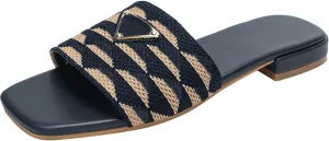Womens Embroidered Slides Flat Sandals Summer Square Open Toe Beach Fashion Slide Sandals