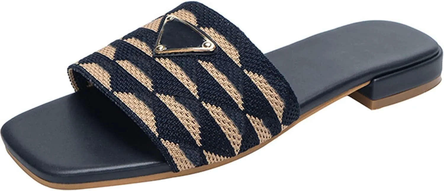Womens Embroidered Slides Flat Sandals Summer Square Open Toe Beach Fashion Slide Sandals