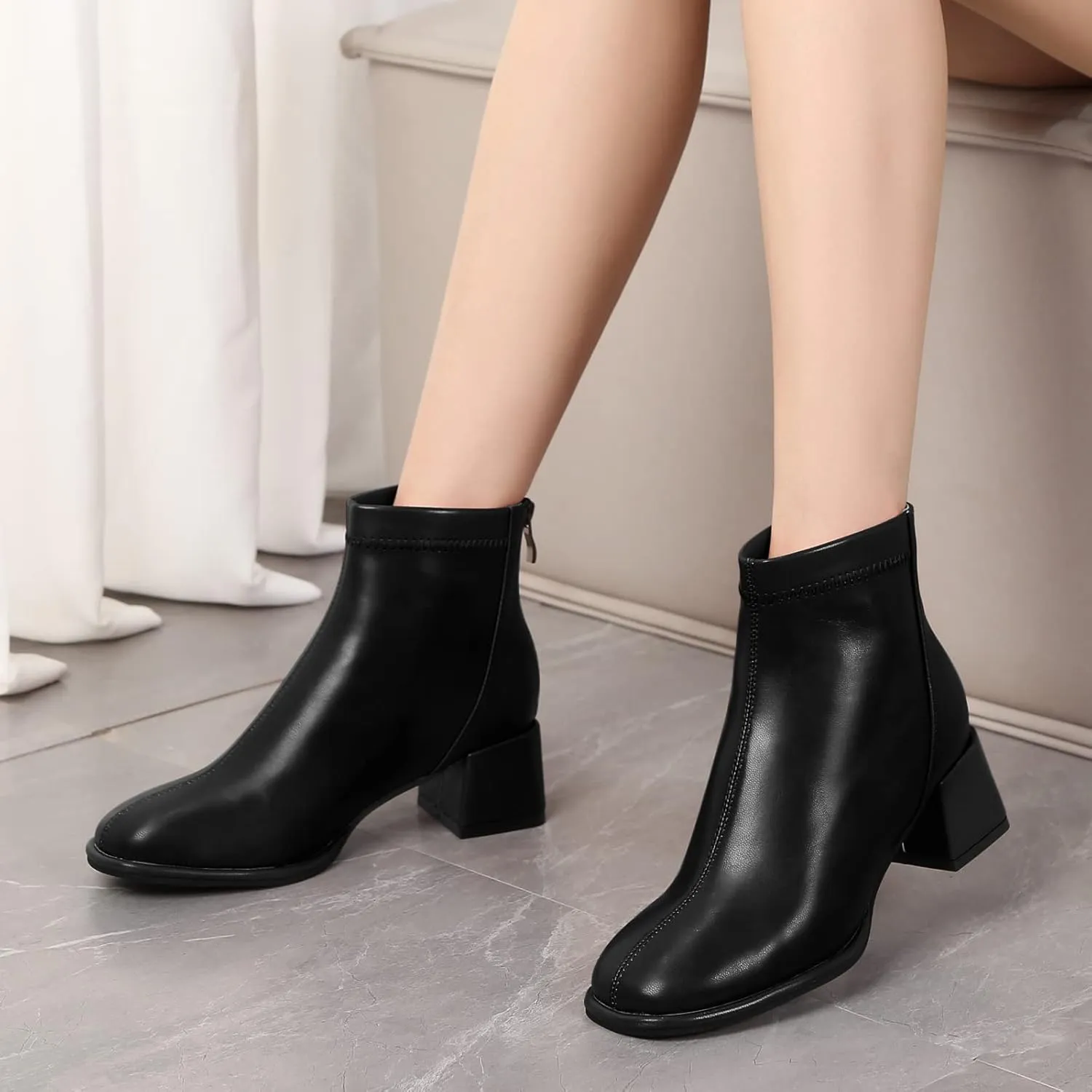 Women's Fashion Ankle Boots Chunky Low Block Heel Booties Back Zipper Fall Short Boots Shoes