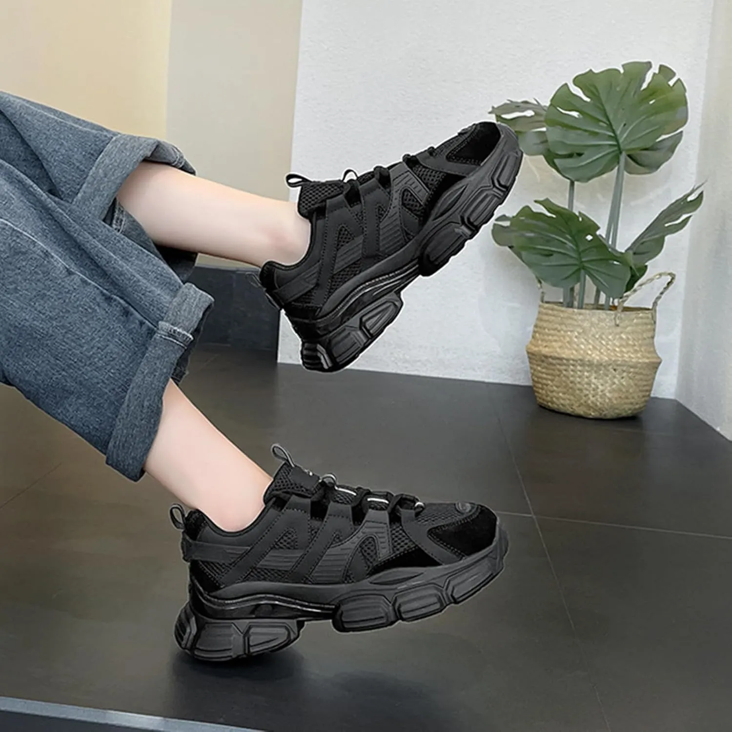 Women's Fashion Dad Sneakers - Casual Platform Chunky Trainers for Comfortable Walking, Fall Style with Thick Bottom Design, Perfect for Students and Daily Wear,Black-35