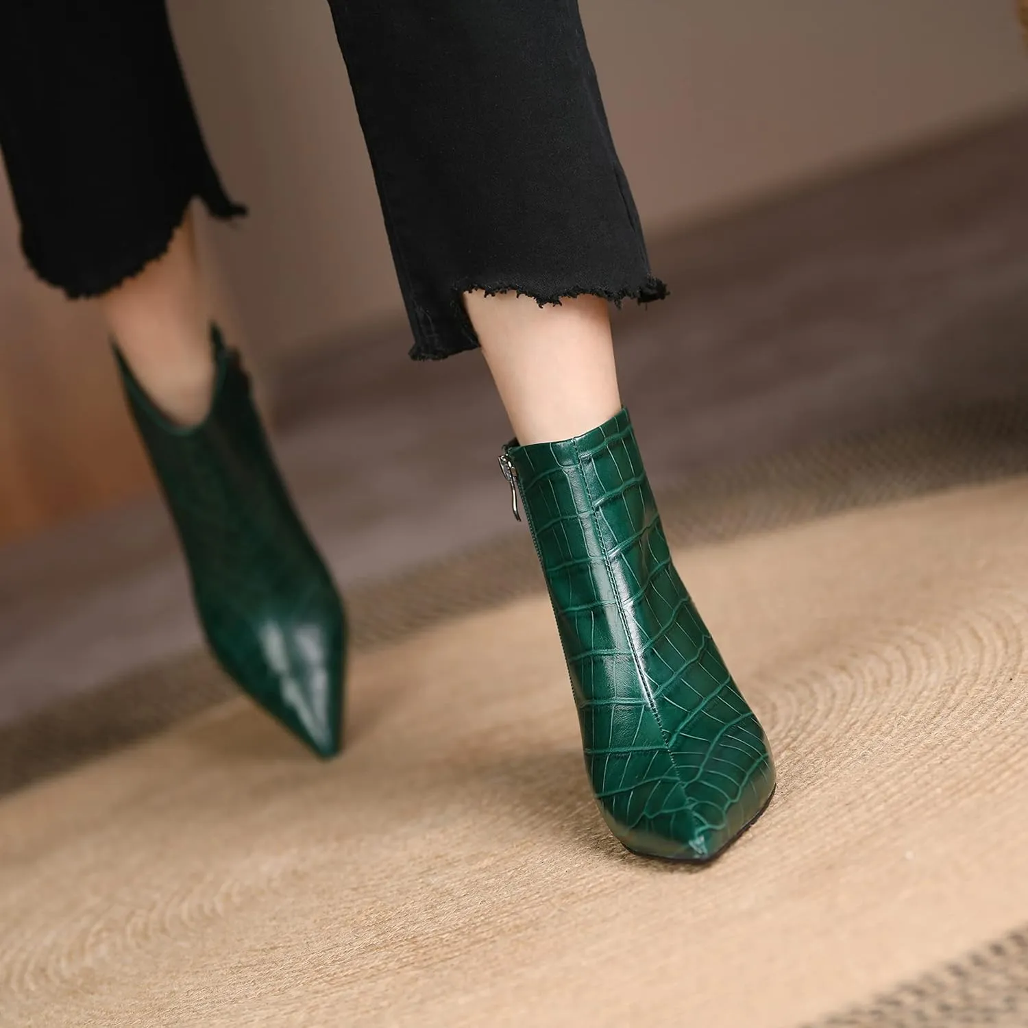 Women's Fashion Pointed Toe Zip Up Dress Kitten Heel Ankle Boots