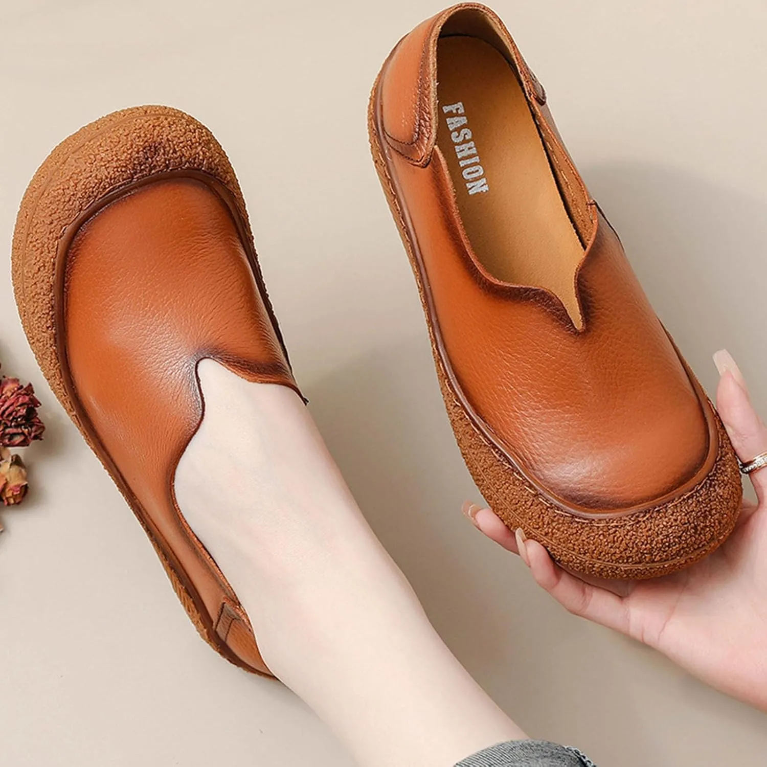 Women's Fashionable Leather Lightweight Soft Sole Loafers Comfortable Non-Slip Casual Breathable Walking Shoes