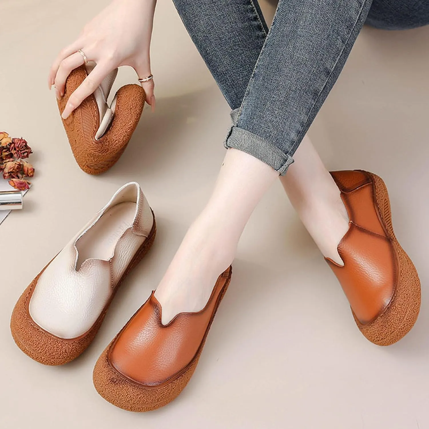 Women's Fashionable Leather Lightweight Soft Sole Loafers Comfortable Non-Slip Casual Breathable Walking Shoes