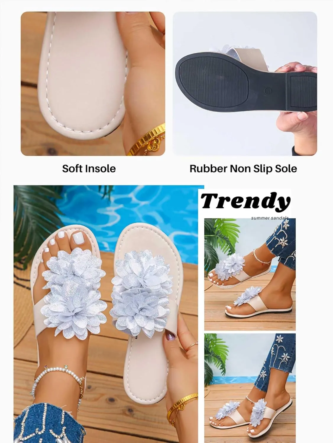 Women's Flat Slide Sandals with Sliver Shimmering Floral Embellishments Flip-Flops Open Toe Comfy for Summer Beach Vacation Casual Daily Wear