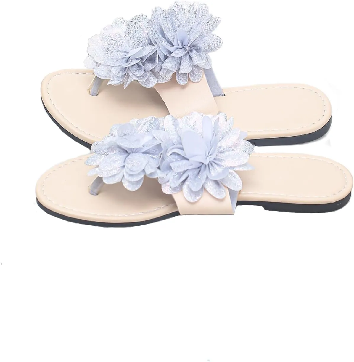 Women's Flat Slide Sandals with Sliver Shimmering Floral Embellishments Flip-Flops Open Toe Comfy for Summer Beach Vacation Casual Daily Wear