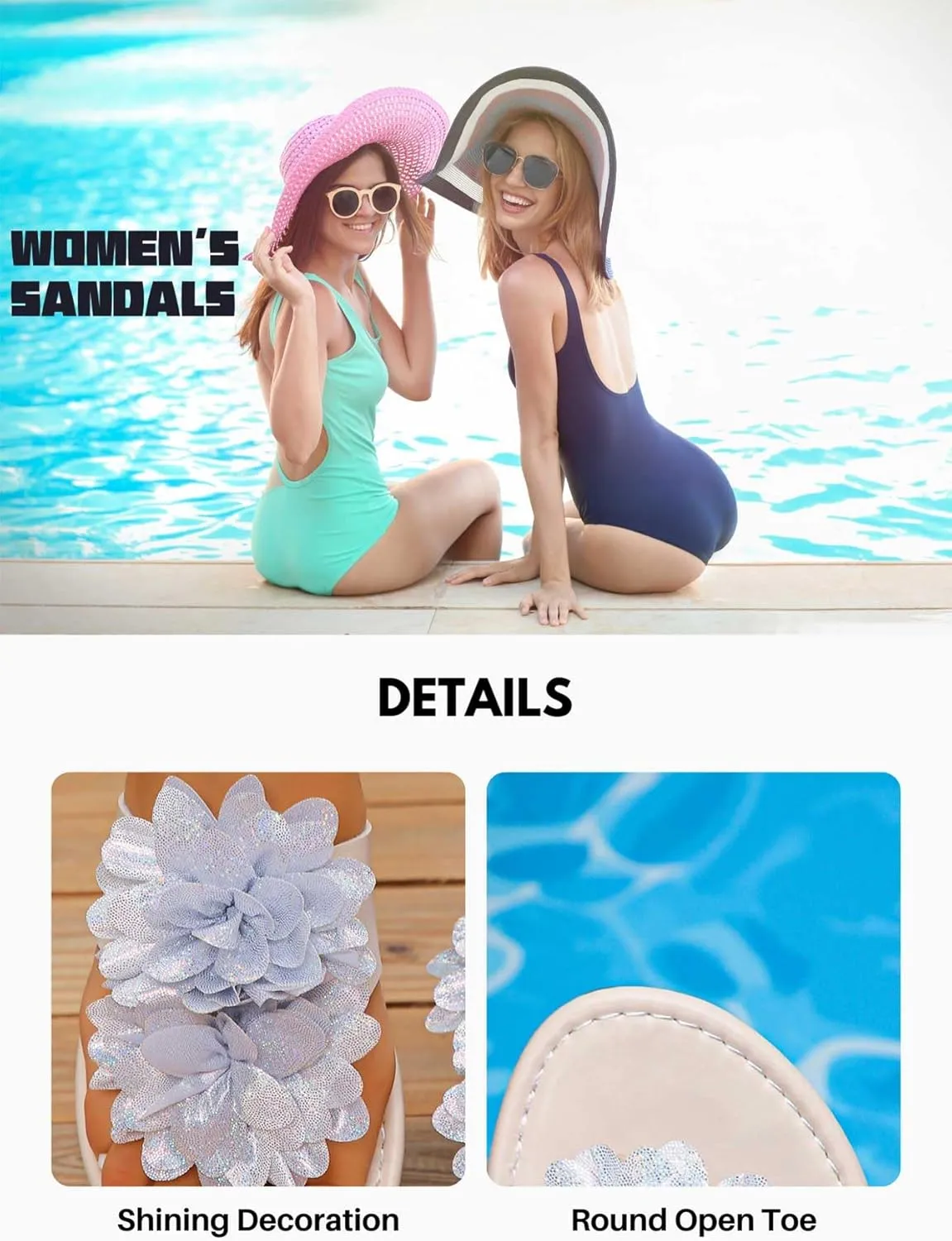 Women's Flat Slide Sandals with Sliver Shimmering Floral Embellishments Flip-Flops Open Toe Comfy for Summer Beach Vacation Casual Daily Wear