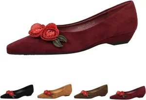 Women's Flower Pointed Toe Suede Flat Shoes Fashionable Faux Suede Flower Ballet Flat Comfortable Slip on Loafers Low Slope Heel Shoes