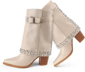 Women's Folding Mid Calf Boots Chunky Heel Pointed Toe Rivet Women's Boots