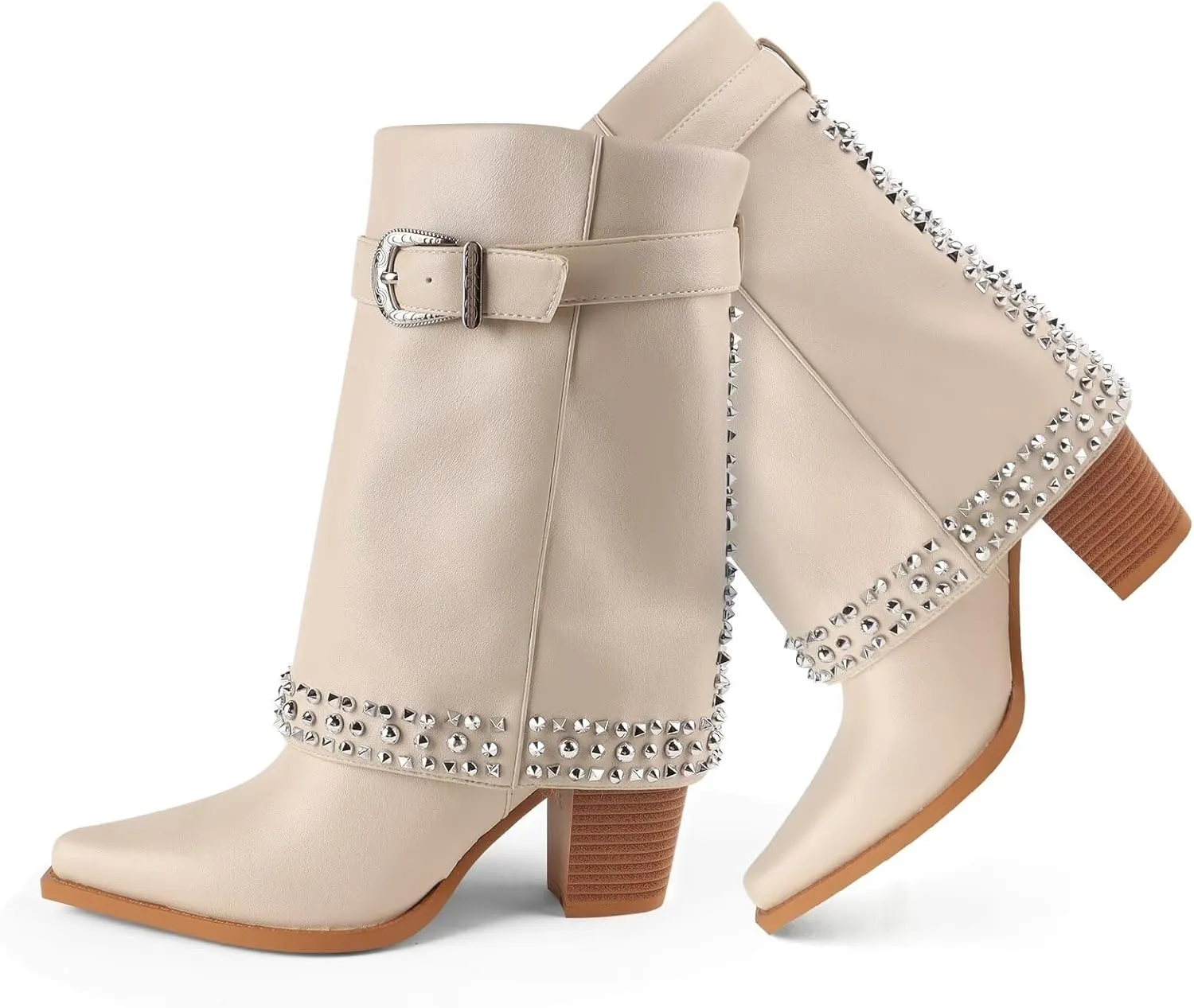 Women's Folding Mid Calf Boots Chunky Heel Pointed Toe Rivet Women's Boots