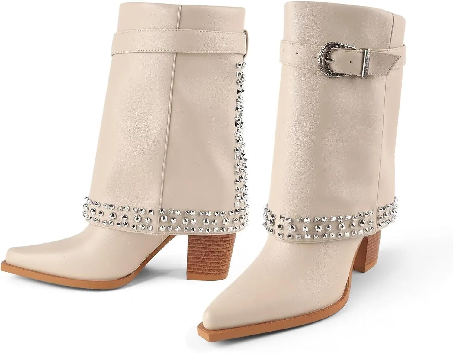 Women's Folding Mid Calf Boots Chunky Heel Pointed Toe Rivet Women's Boots