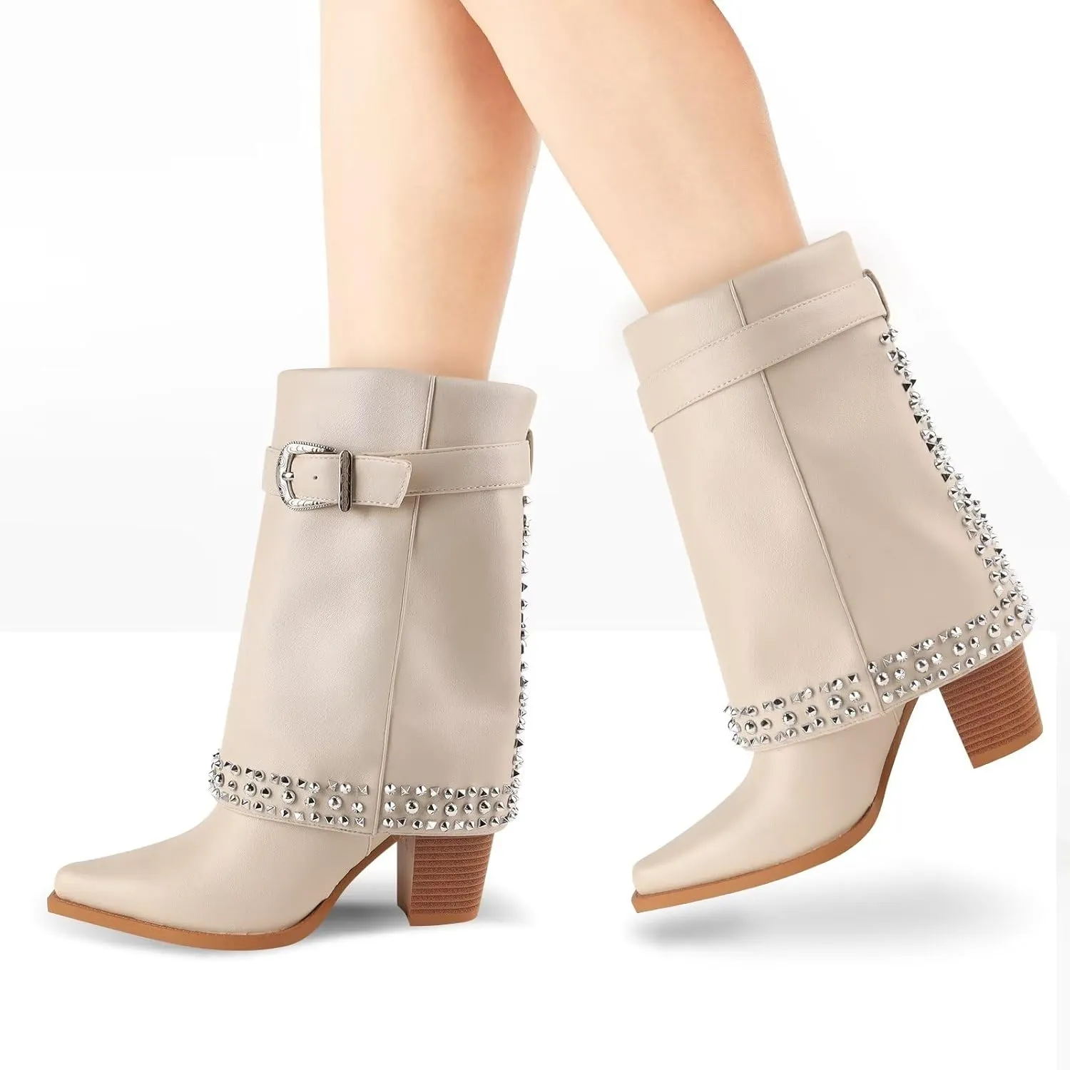 Women's Folding Mid Calf Boots Chunky Heel Pointed Toe Rivet Women's Boots