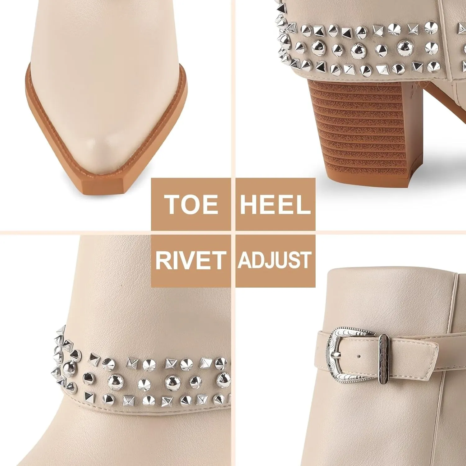 Women's Folding Mid Calf Boots Chunky Heel Pointed Toe Rivet Women's Boots