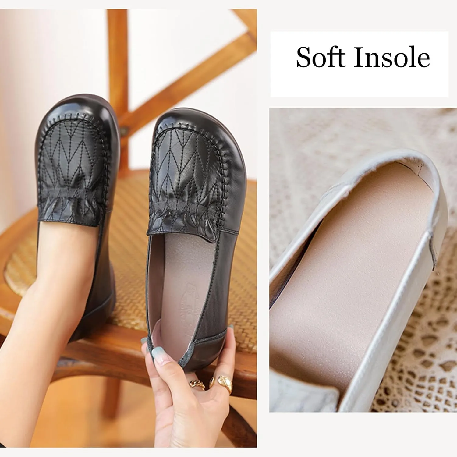 Women's Genuine Leather Flats Loafers,Slip On Shallow Mouth Beef Tendon Soft Sole Mom Walking Shoes,Lightweight Comfort Business Driving Work Office Casual Shoes