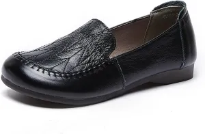 Women's Genuine Leather Flats Loafers,Slip On Shallow Mouth Beef Tendon Soft Sole Mom Walking Shoes,Lightweight Comfort Business Driving Work Office Casual Shoes