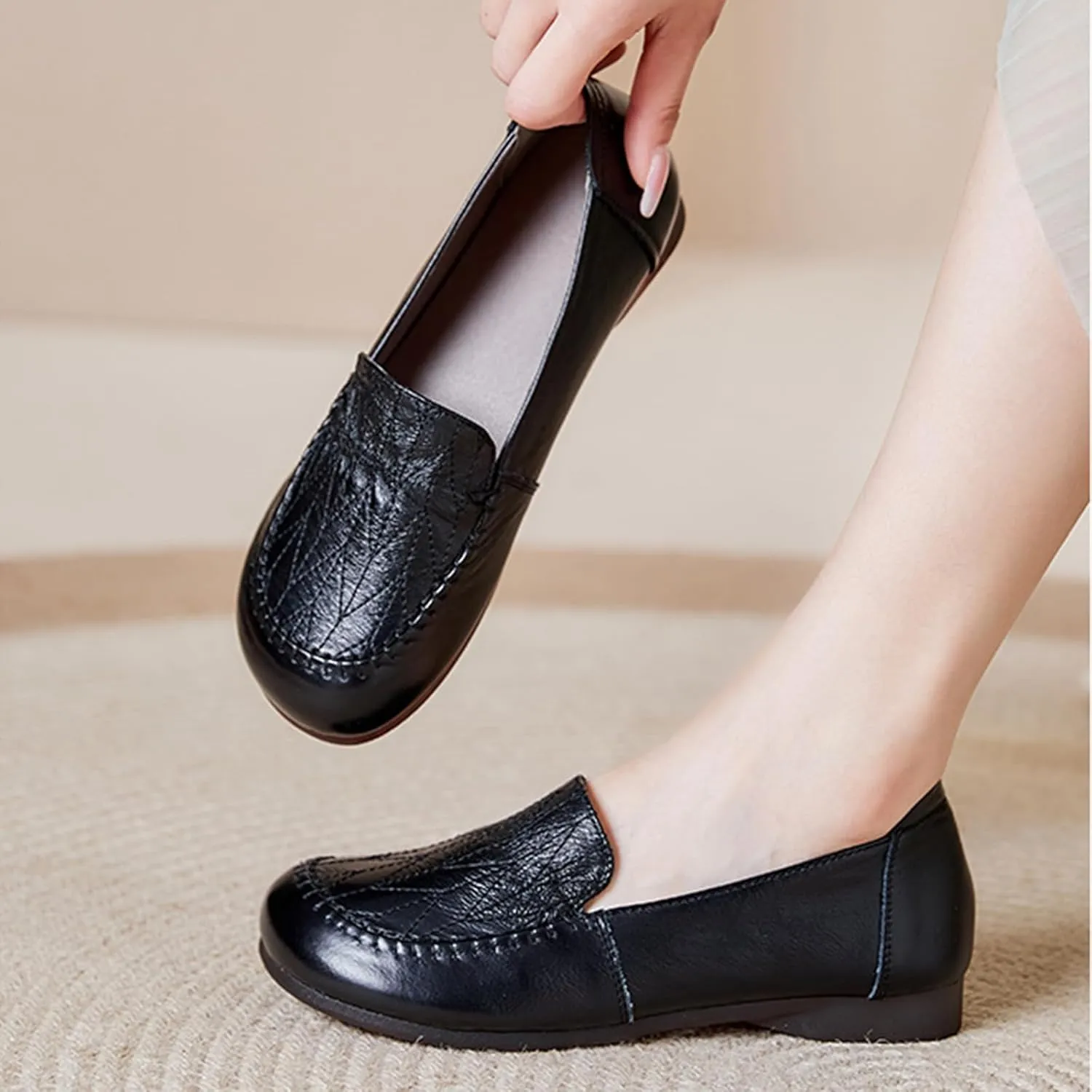 Women's Genuine Leather Flats Loafers,Slip On Shallow Mouth Beef Tendon Soft Sole Mom Walking Shoes,Lightweight Comfort Business Driving Work Office Casual Shoes