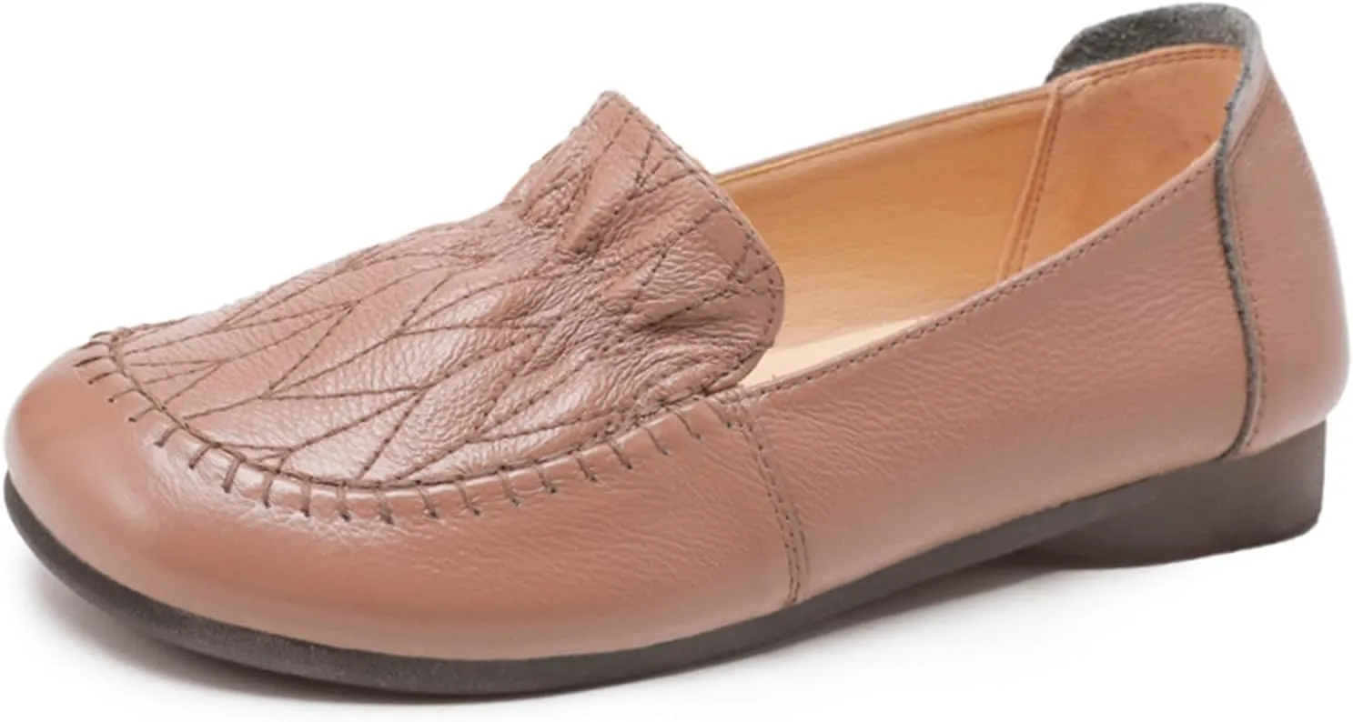 Women's Genuine Leather Flats Loafers,Slip On Shallow Mouth Beef Tendon Soft Sole Mom Walking Shoes,Lightweight Comfort Business Driving Work Office Casual Shoes