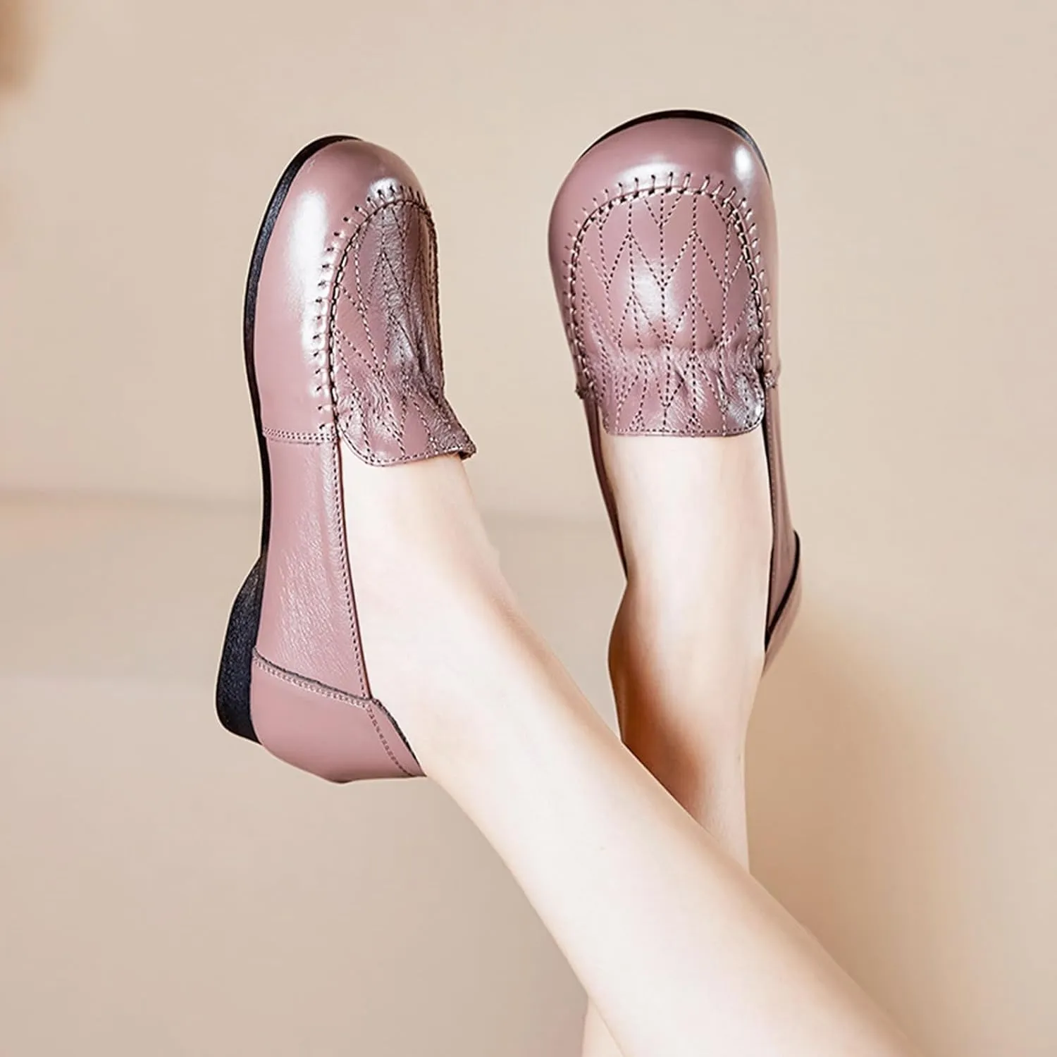 Women's Genuine Leather Flats Loafers,Slip On Shallow Mouth Beef Tendon Soft Sole Mom Walking Shoes,Lightweight Comfort Business Driving Work Office Casual Shoes