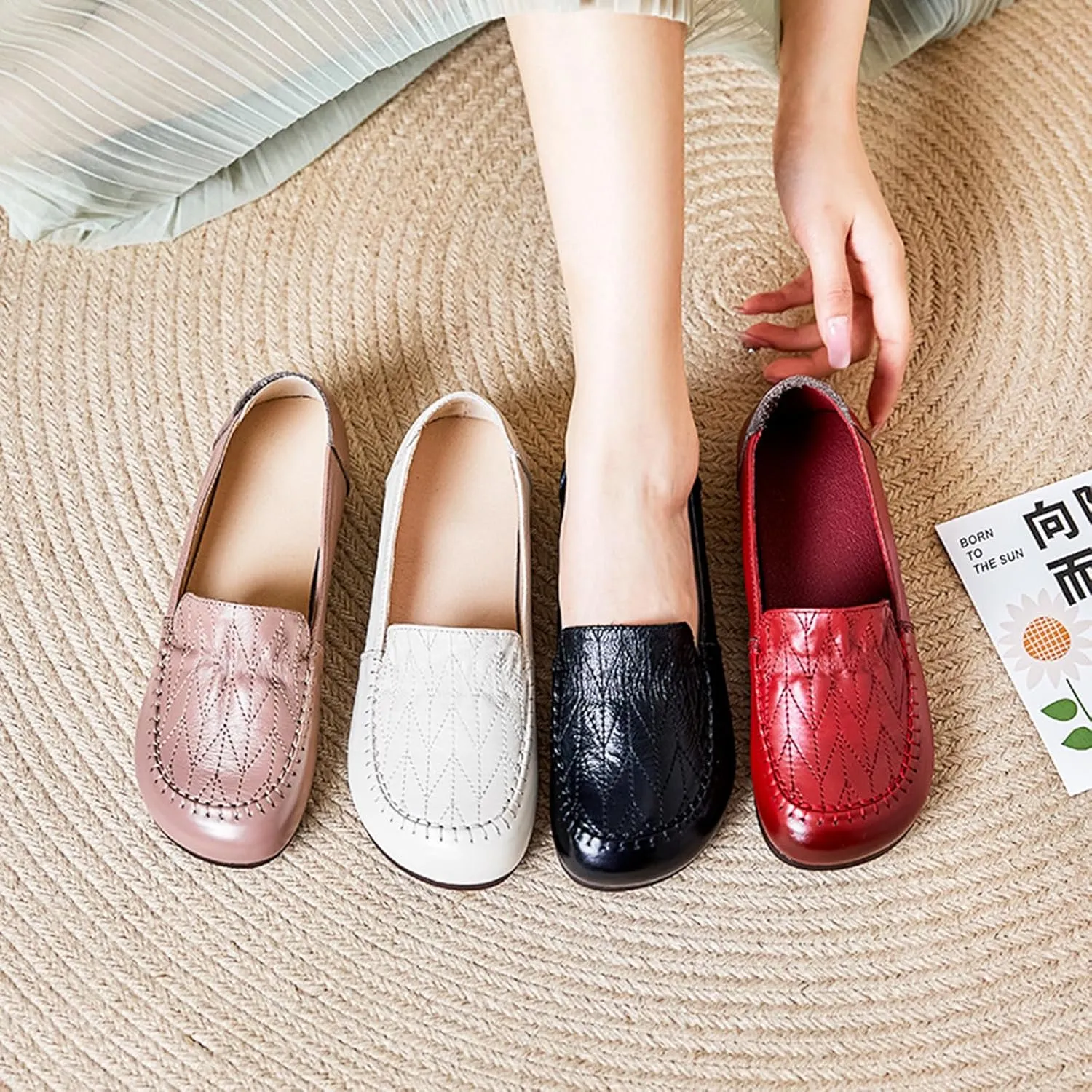 Women's Genuine Leather Flats Loafers,Slip On Shallow Mouth Beef Tendon Soft Sole Mom Walking Shoes,Lightweight Comfort Business Driving Work Office Casual Shoes