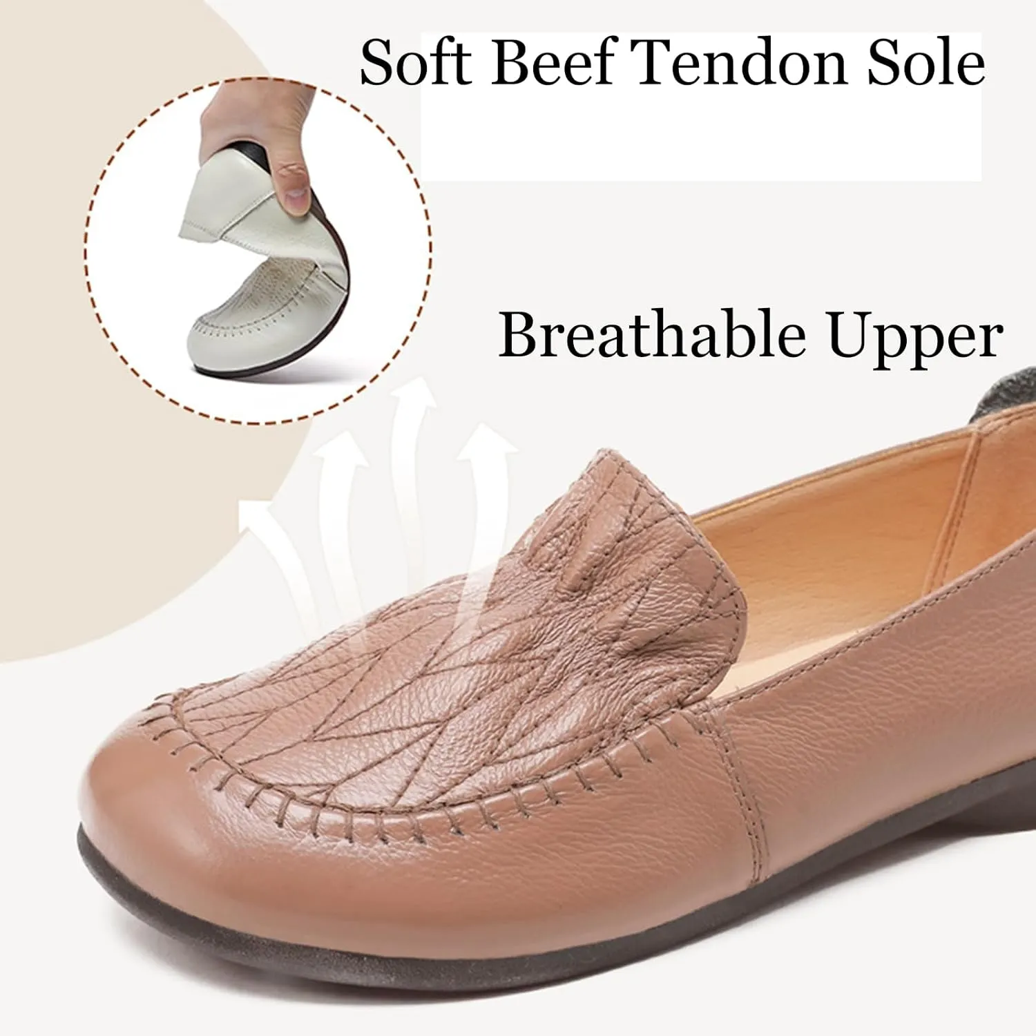 Women's Genuine Leather Flats Loafers,Slip On Shallow Mouth Beef Tendon Soft Sole Mom Walking Shoes,Lightweight Comfort Business Driving Work Office Casual Shoes