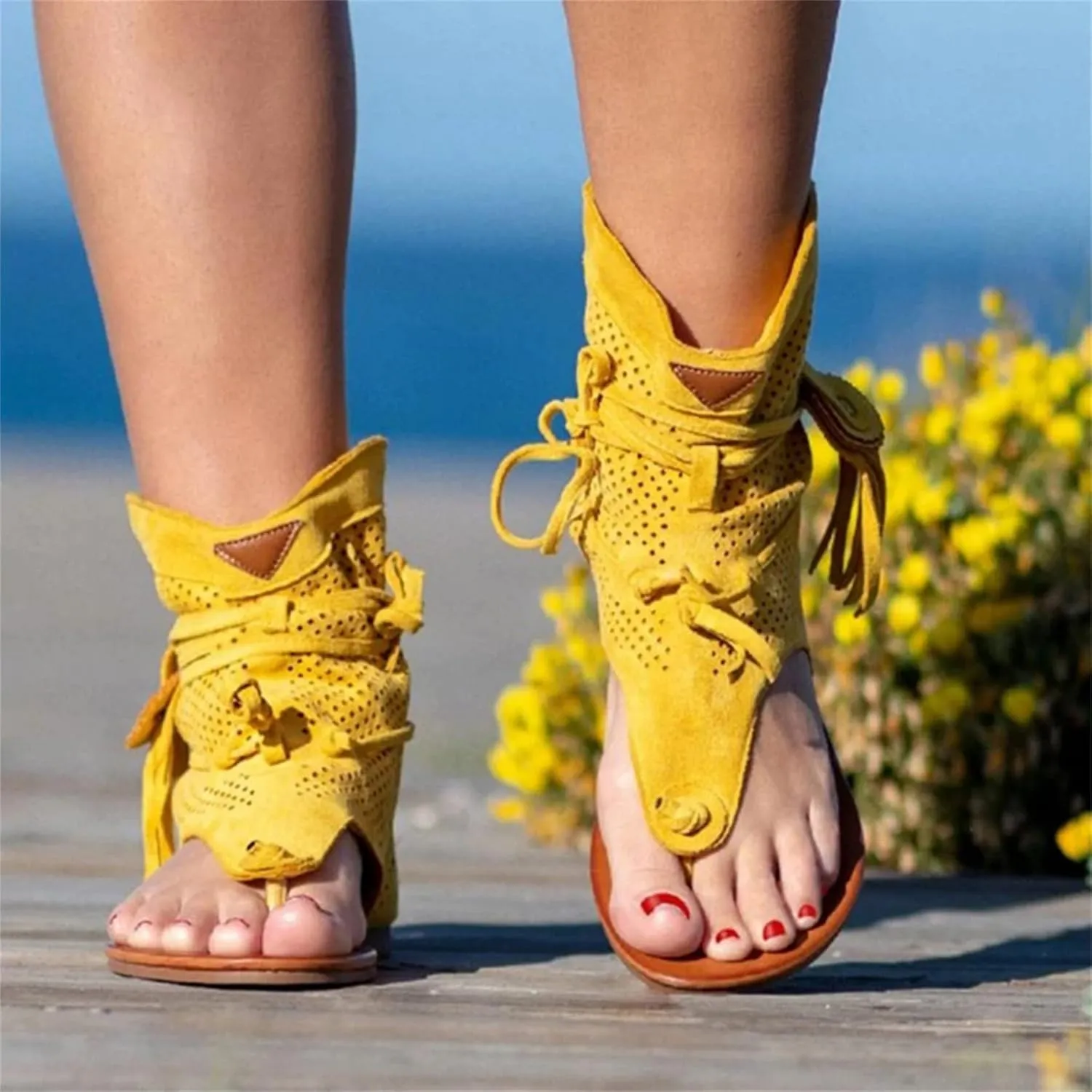 Womens Gladiator Fringe Thong Flat Sandals Vintage Toe Ankle Boots Bohemian T-Strap Sandals with Zipper Retro Bohemian Gladiator Fringe Casual Sandals,Yellow,US8/EU40