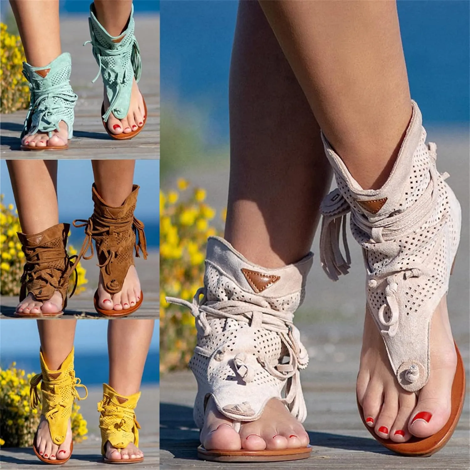 Womens Gladiator Fringe Thong Flat Sandals Vintage Toe Ankle Boots Bohemian T-Strap Sandals with Zipper Retro Bohemian Gladiator Fringe Casual Sandals,Yellow,US8/EU40