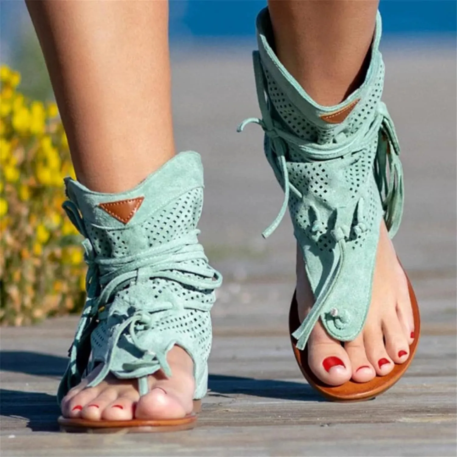 Womens Gladiator Fringe Thong Flat Sandals Vintage Toe Ankle Boots Bohemian T-Strap Sandals with Zipper Retro Bohemian Gladiator Fringe Casual Sandals,Yellow,US8/EU40