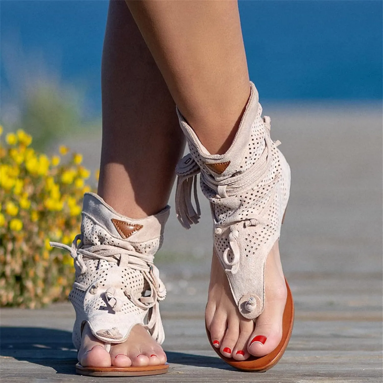 Womens Gladiator Fringe Thong Flat Sandals Vintage Toe Ankle Boots Bohemian T-Strap Sandals with Zipper Retro Bohemian Gladiator Fringe Casual Sandals,Yellow,US8/EU40
