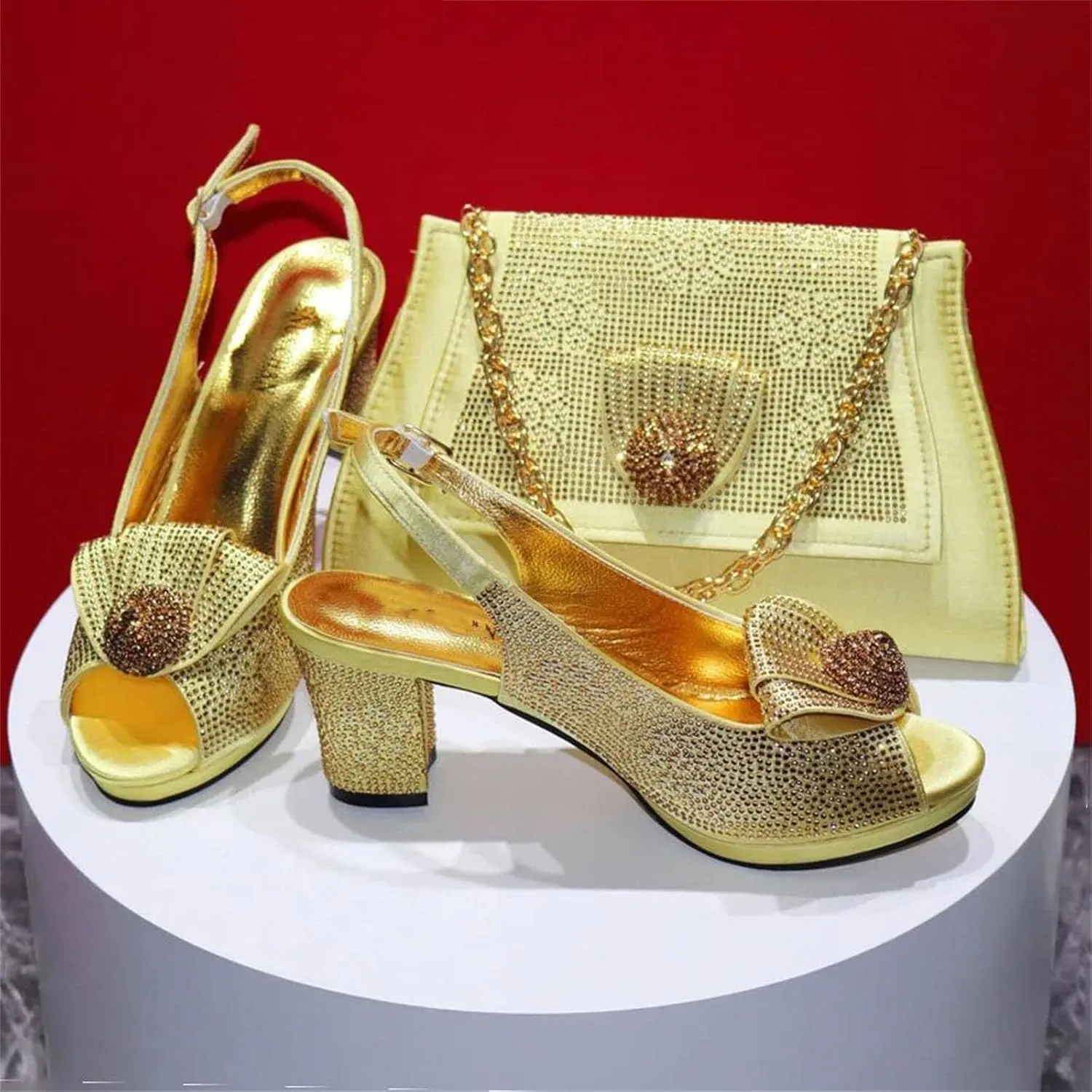 Womens Gold 2025 Peep Toe Wedding Shoes Set Bridal Sandals and Matching Bag Italian Party Beaded Sequin Accessories