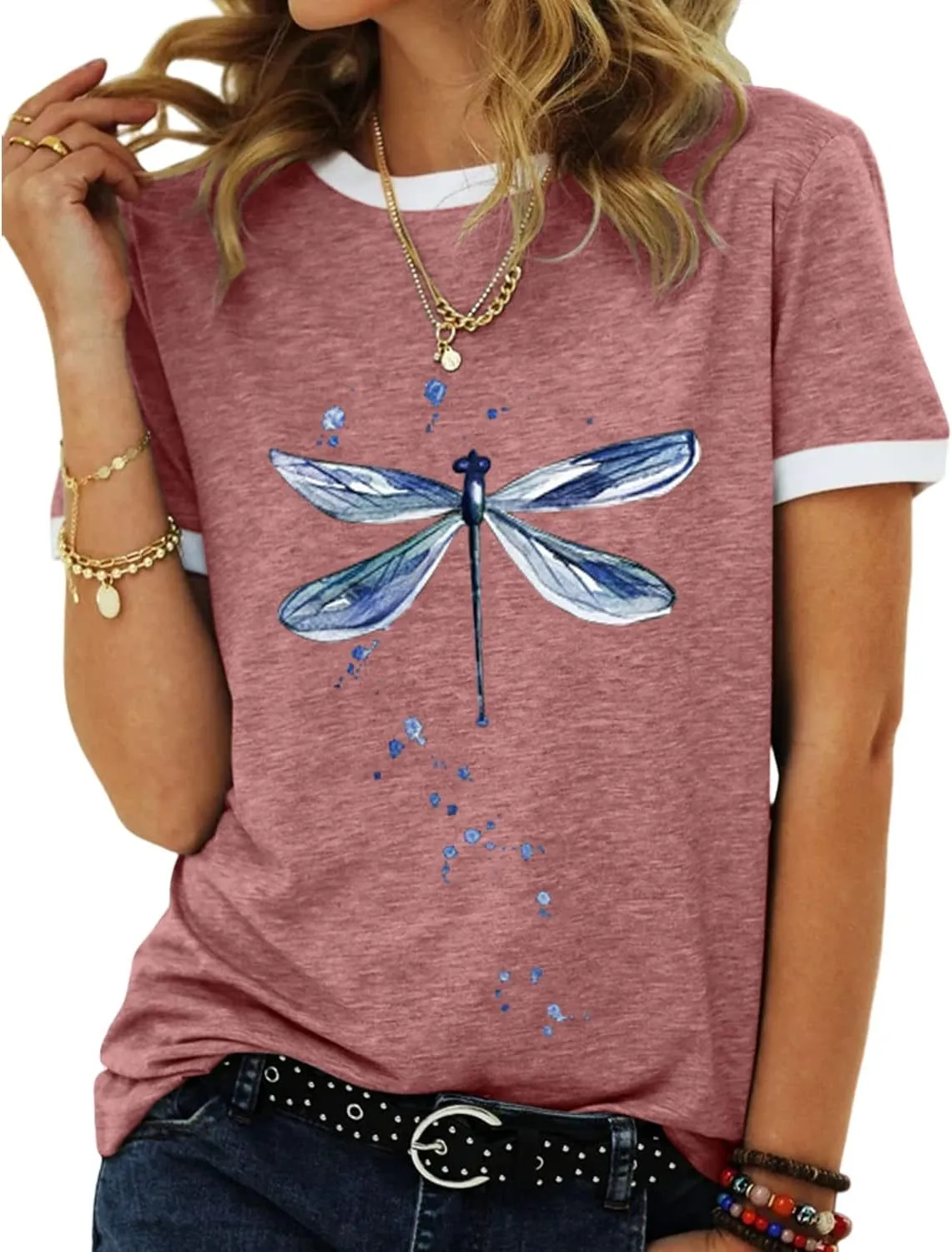 Women's Graphic Tees Casual Summer Funny Dragonfly Printed Short Sleeve Cute T Shirts Tops