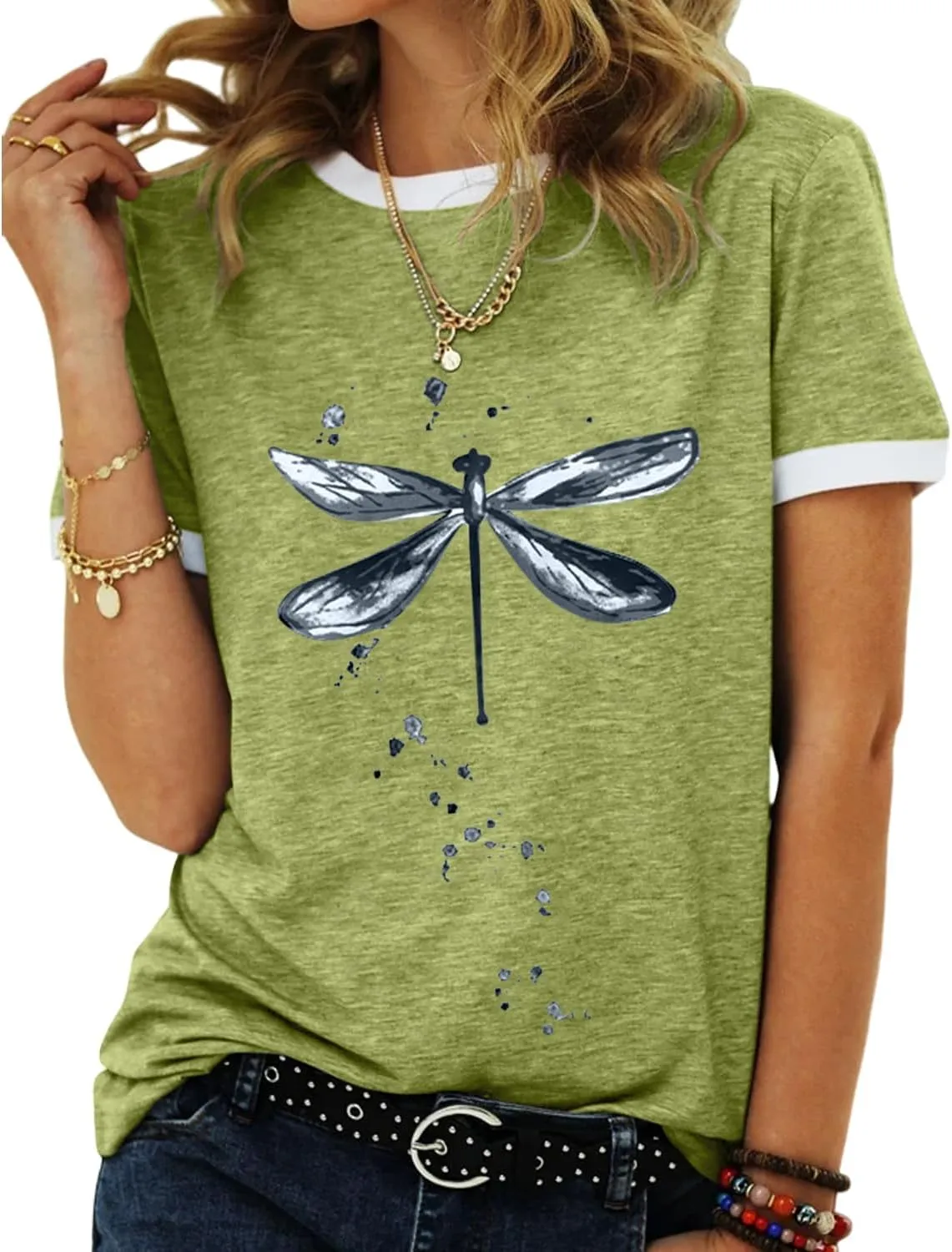 Women's Graphic Tees Casual Summer Funny Dragonfly Printed Short Sleeve Cute T Shirts Tops