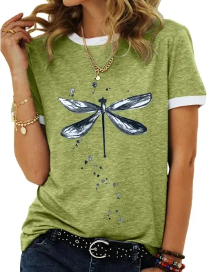 Women's Graphic Tees Casual Summer Funny Dragonfly Printed Short Sleeve Cute T Shirts Tops